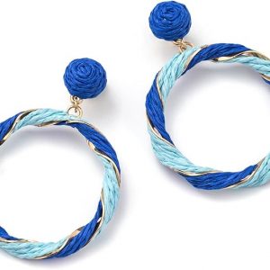 PENDIENTES DE ARO EN RAFIA AZUL Y DORADO
