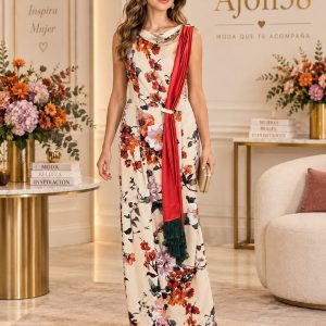 VESTIDO LARGO DE FIESTA CON FULAR ASIMETRICO