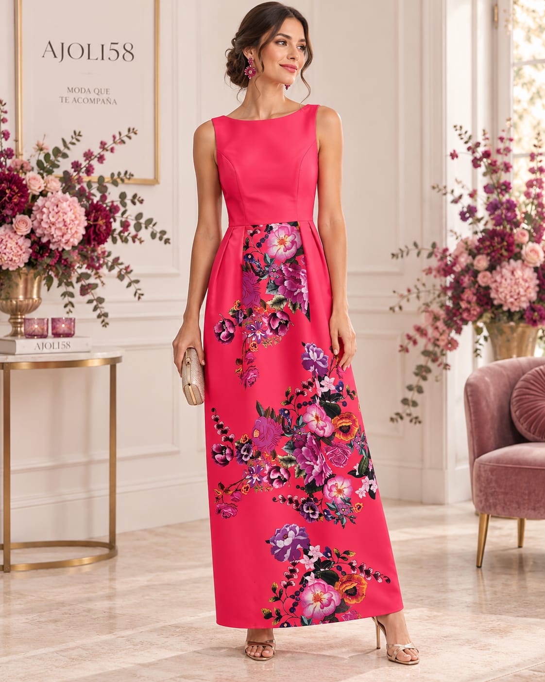 VESTIDO LARGO ESTAMPADO FUCSIA