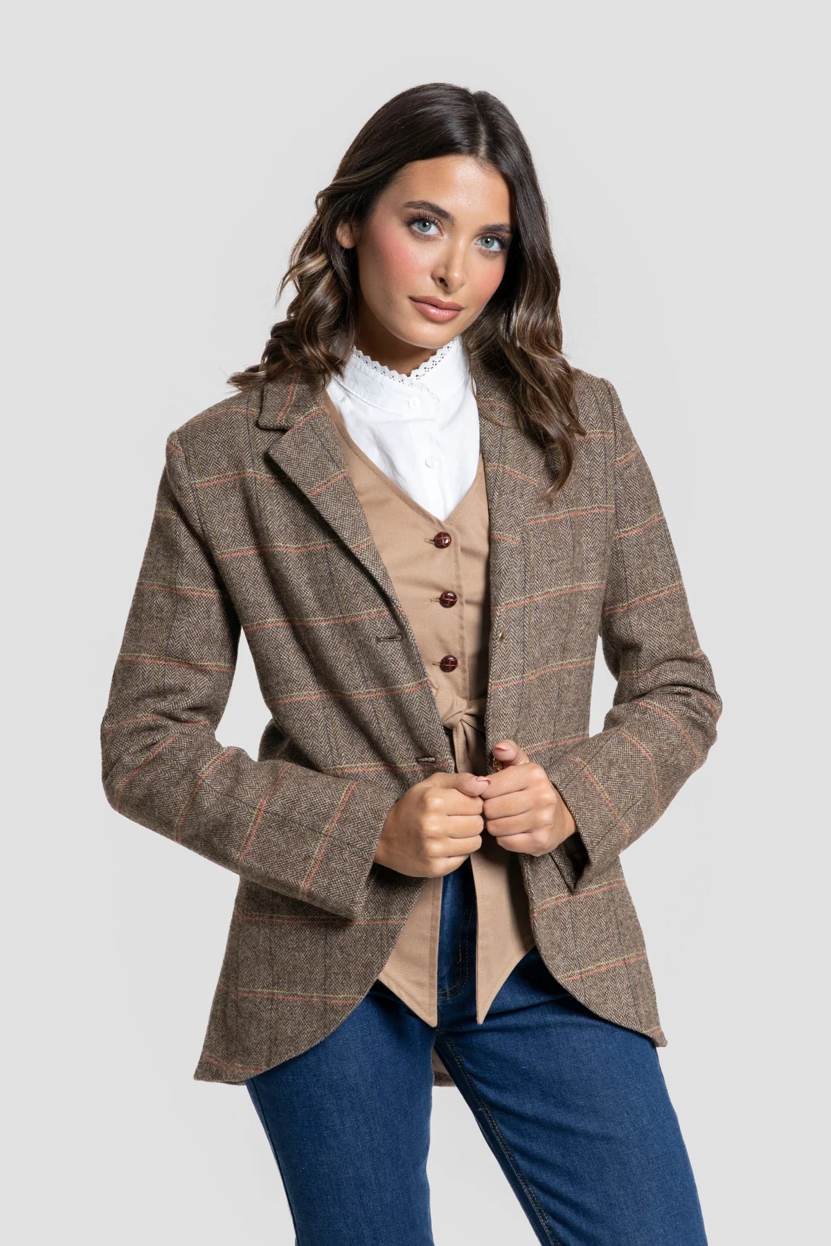 CHAQUETA TWEED MARRON CUADROS