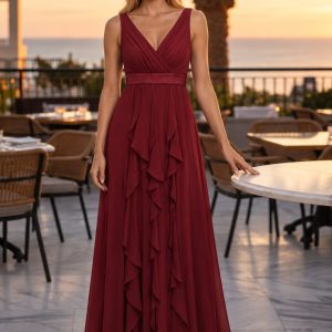 VESTIDO LARGO EN GASA CON VOLANTES