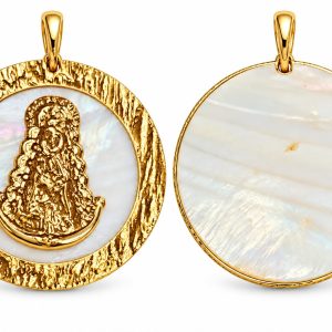 MEDALLA VIRGEN DEL ROCÍO CON NÁCAR Y ARO DORADO TEXTURIZADO